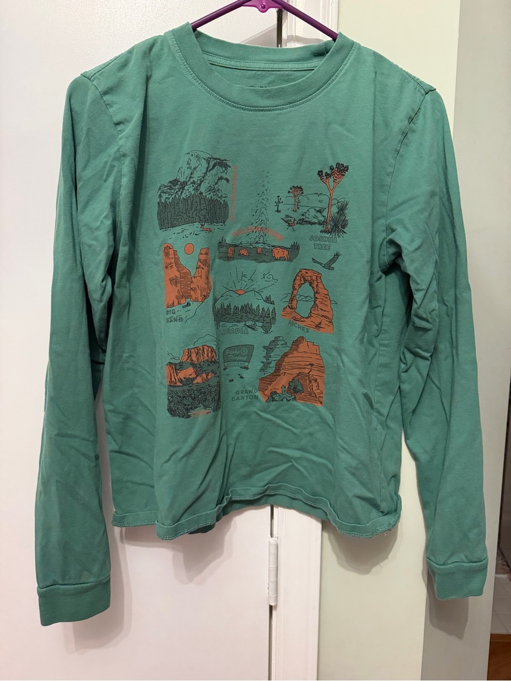 Patagonia ladies medium green long sleeved cropped T shirt